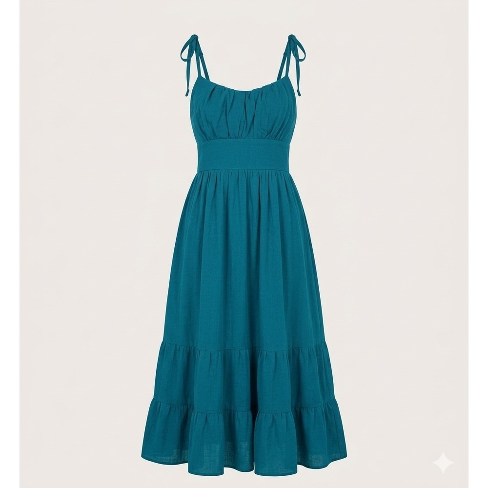 Lily Rose Teal Blue Green Tiered Midi Dress Tie Straps S‎ Strappy Flowy Cottage